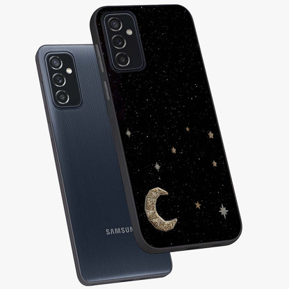 Twinkle Star With Half Moon Glass Case displayed in angled mockup highlighting celestial moon and star design with magical aesthetic.