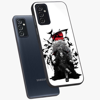 Uchiha Shadow Throne Glass Case displayed in angled mockup highlighting glowing aquatic design with celestial aesthetic.