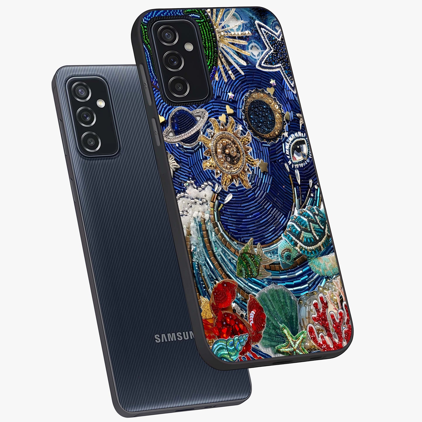 Universe Underwater Spark Glass Case displayed in angled mockup highlighting glowing aquatic design with celestial aesthetic.