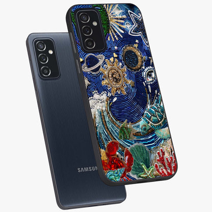 Universe Underwater Spark Glass Case displayed in angled mockup highlighting glowing aquatic design with celestial aesthetic.