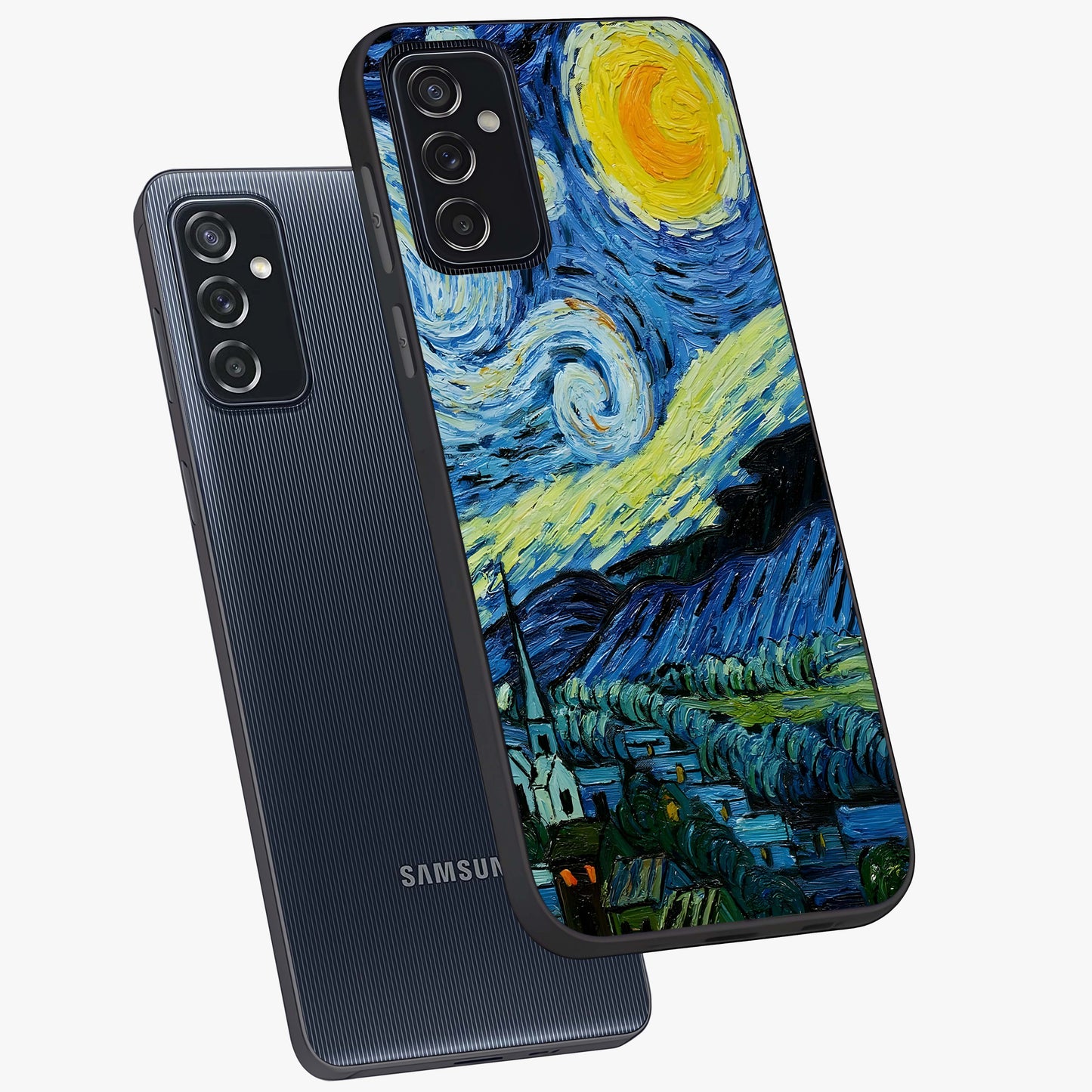 Van Gogh Art Glass Case displayed in angled mockup highlighting swirling brushstroke design with artistic aesthetic.