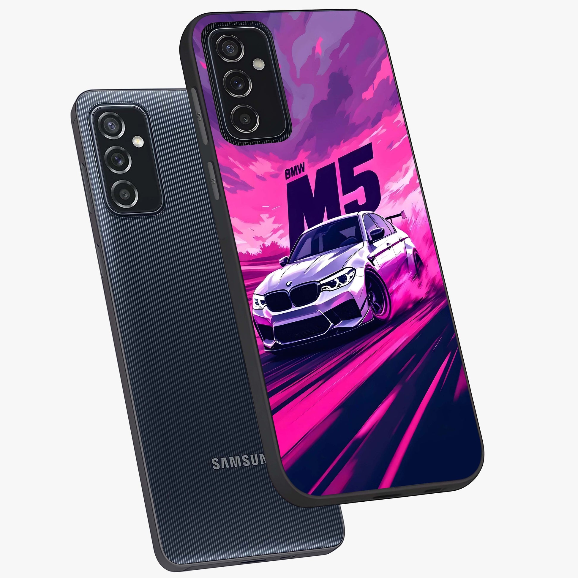 Velocity Drift Pulse Glass Case displayed in angled mockup highlighting dynamic drift design with sporty automotive aesthetic.