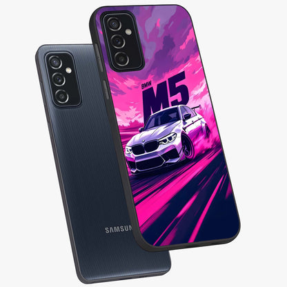 Velocity Drift Pulse Glass Case displayed in angled mockup highlighting dynamic drift design with sporty automotive aesthetic.