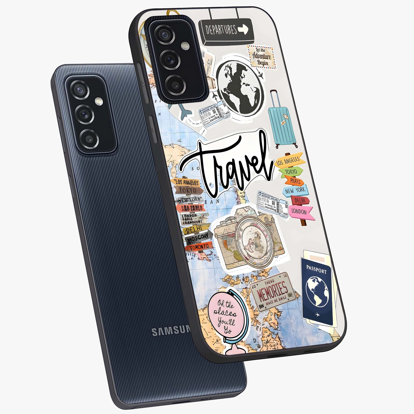 Wanderlust Journal Glass Case displayed in angled mockup highlighting adventure themed design with aesthetic travel vibe.
