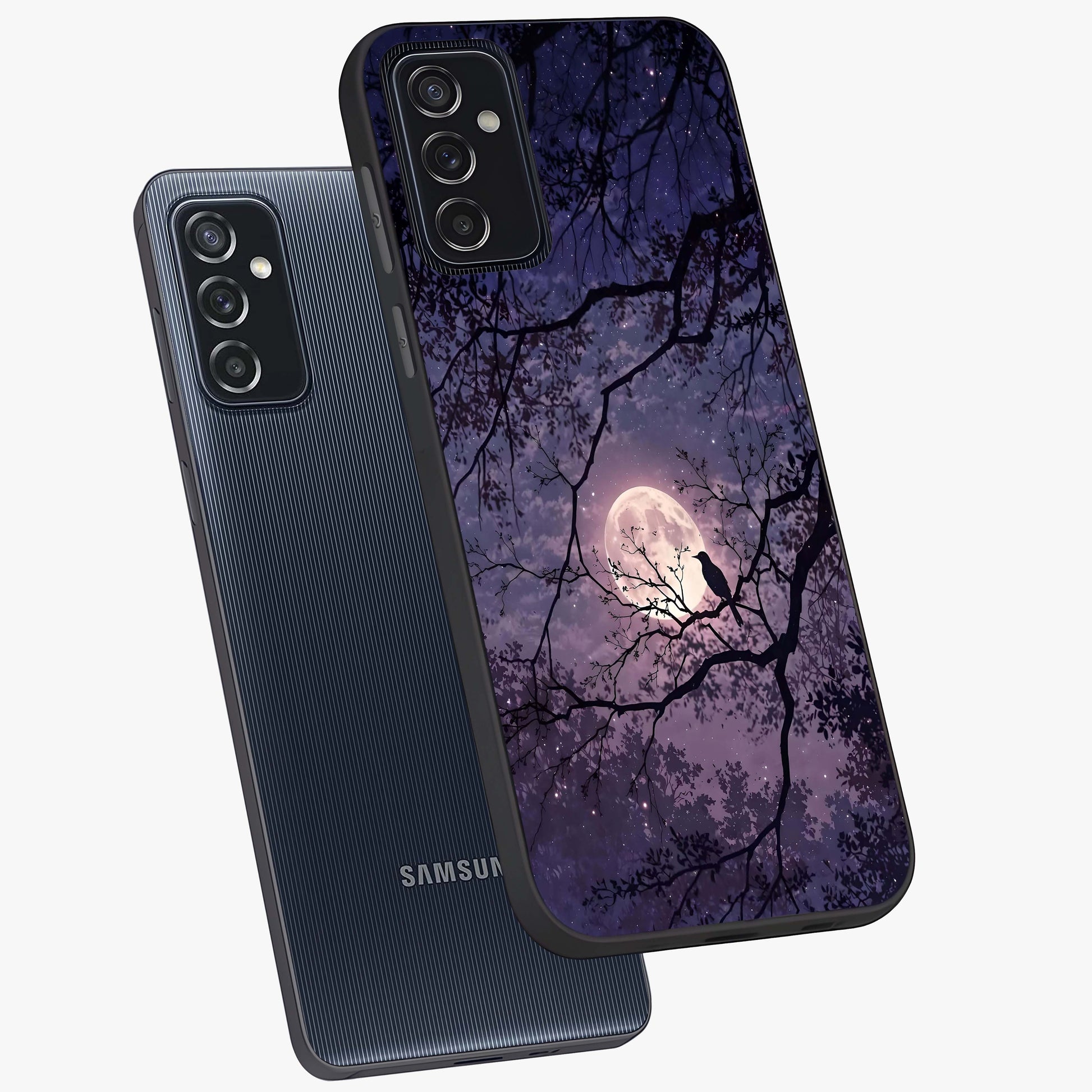 Whispering Moon Silence Glass Case displayed in angled mockup highlighting calm lunar design with dreamy night aesthetic.