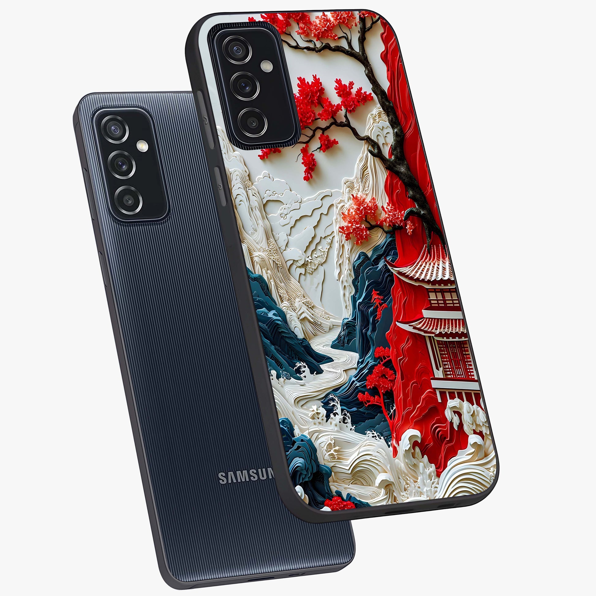 Whispers Of Sakura Waves Glass Case displayed in angled mockup highlighting flowing sakura design with soft floral aesthetic.