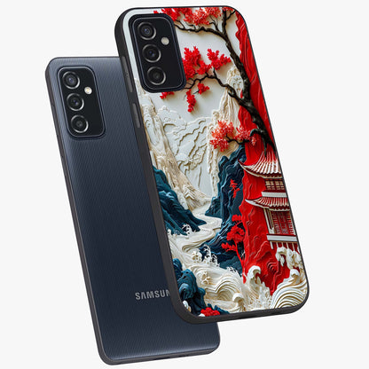 Whispers Of Sakura Waves Glass Case displayed in angled mockup highlighting flowing sakura design with soft floral aesthetic.