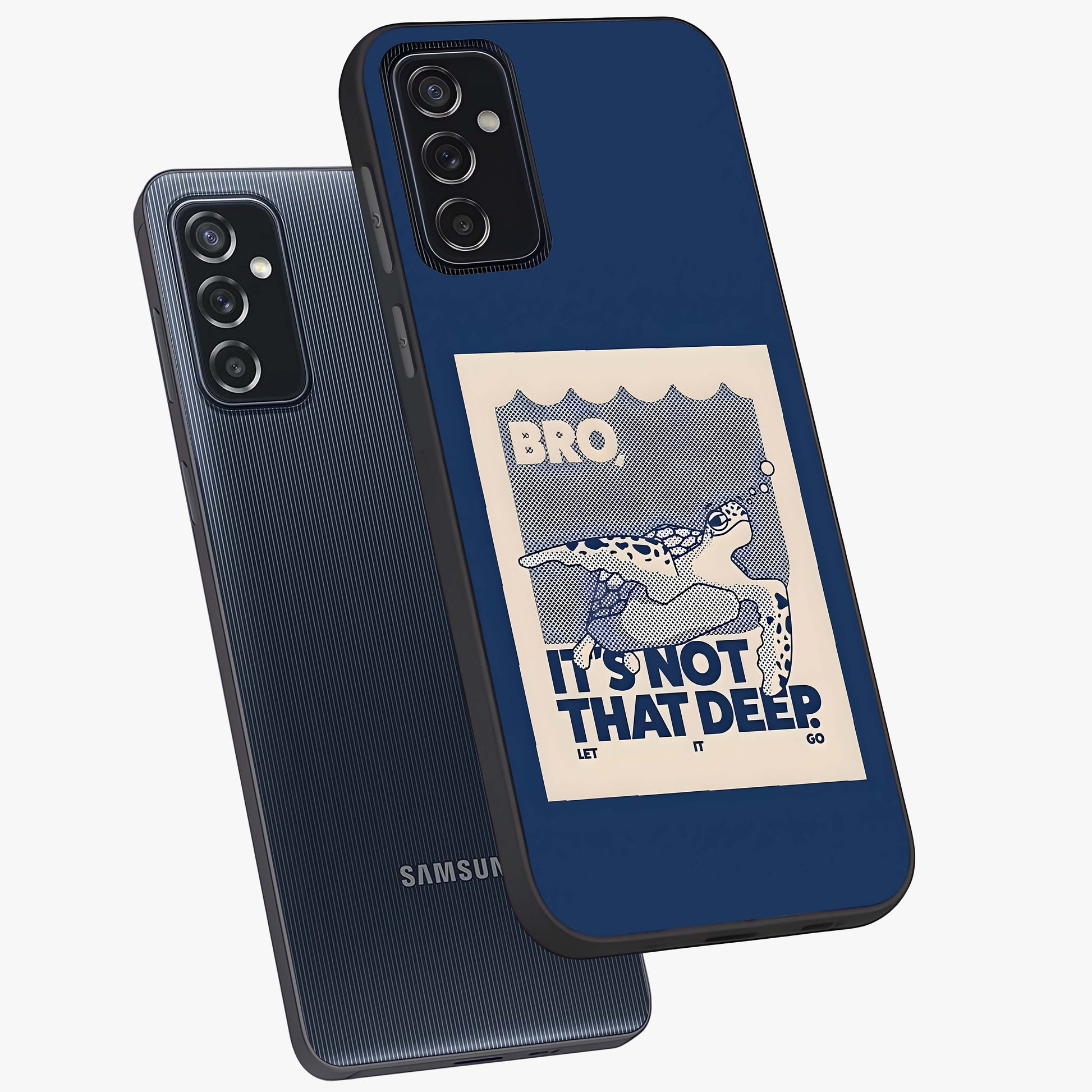 Worry Less Swim Glass Case displayed in angled mockup highlighting fun typography design with relaxed aesthetic style.