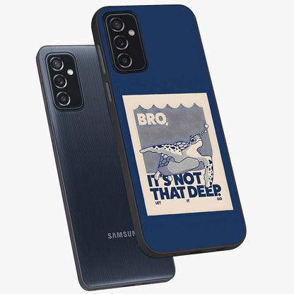 Worry Less Swim Glass Case displayed in angled mockup highlighting fun typography design with relaxed aesthetic style.