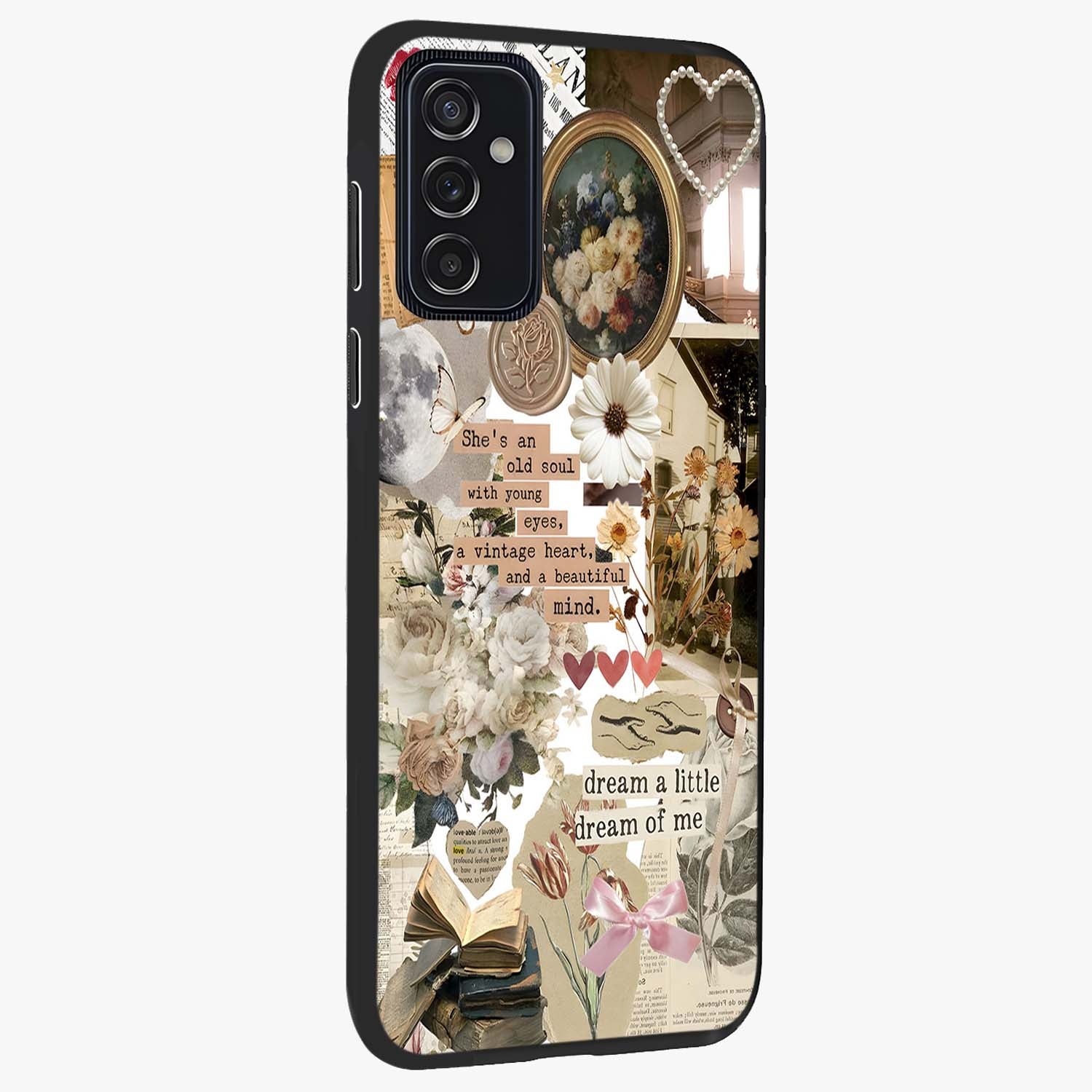 Aesthetic Brown Vintage Collage Glass Case upright view showcasing nostalgic retro artwork with stylish vintage theme.