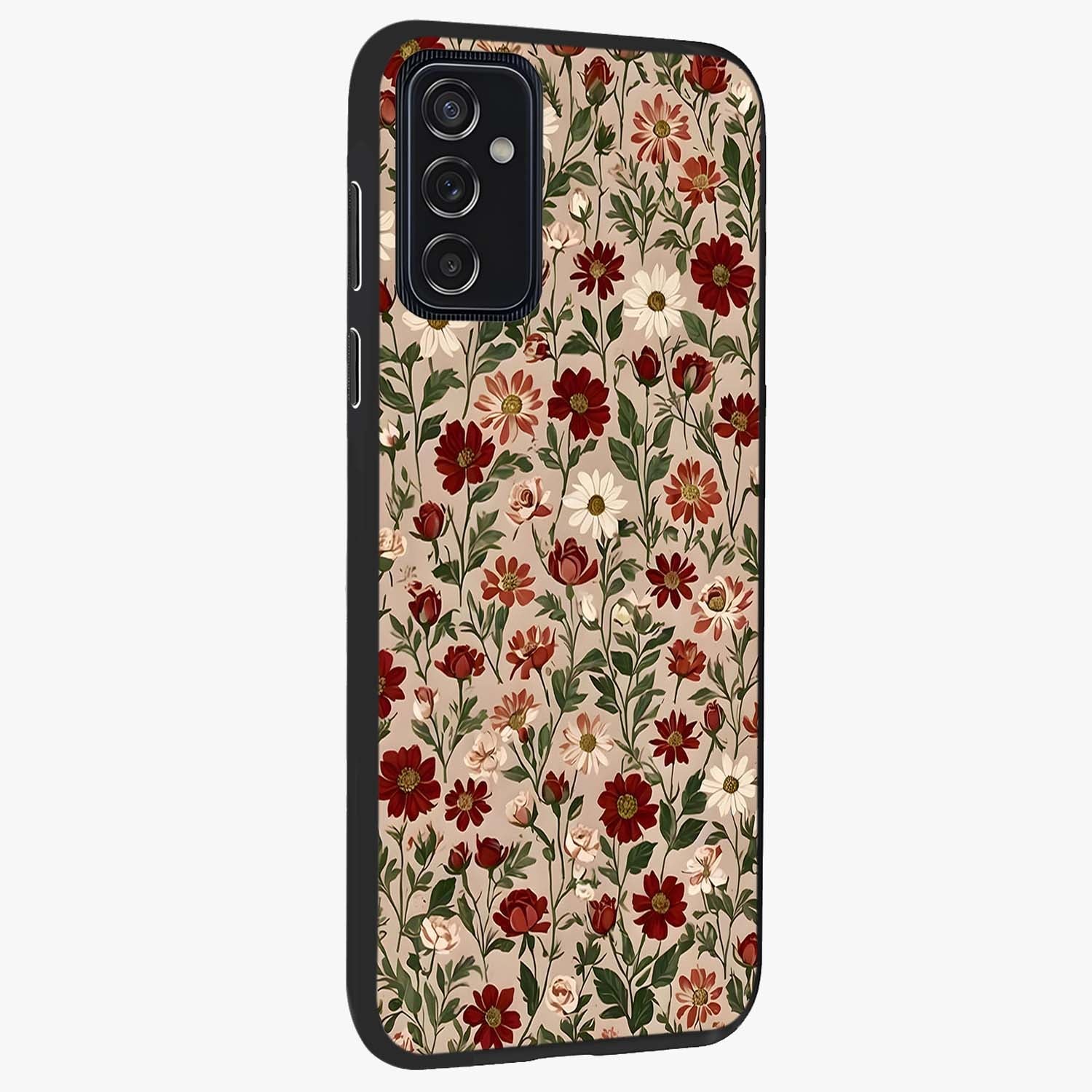 Biege Flower With Leaf Glass Case upright view showcasing delicate beige flower illustration with clean botanical style.
