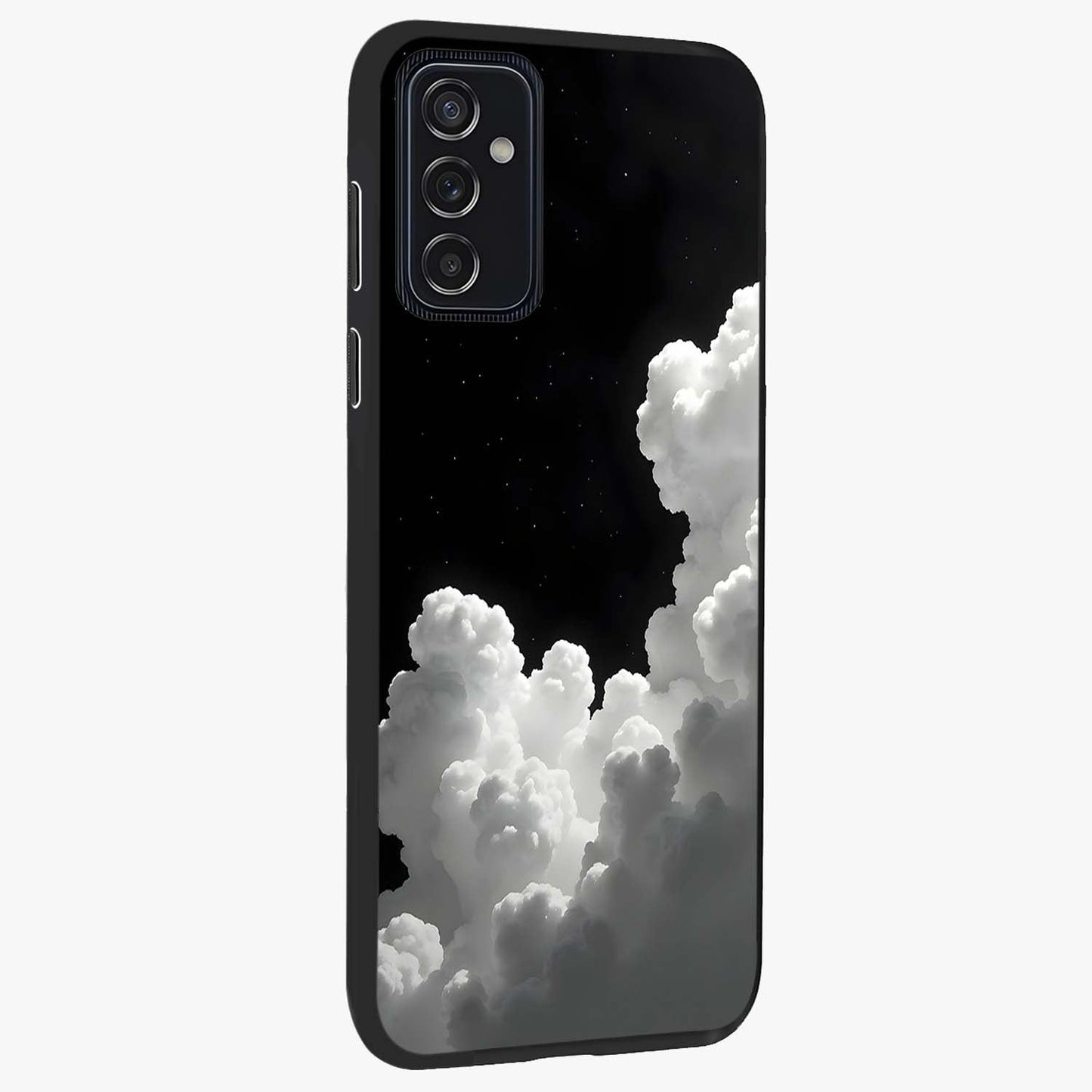 Black Background With White Cloud Glass Case upright view showcasing calm cloud aesthetic with modern minimal style.