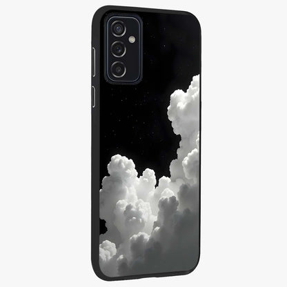 Black Background With White Cloud Glass Case upright view showcasing calm cloud aesthetic with modern minimal style.
