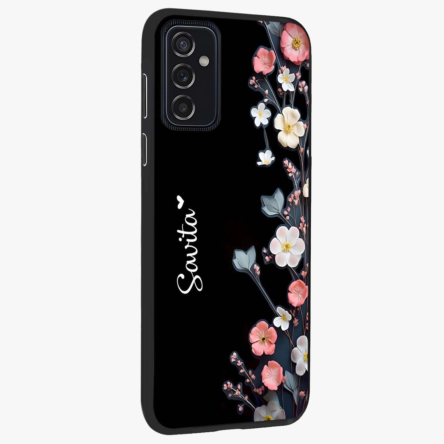 Black Elegance Floral Custom Name Glass Case upright view showcasing luxurious black floral design with personalized name detail.