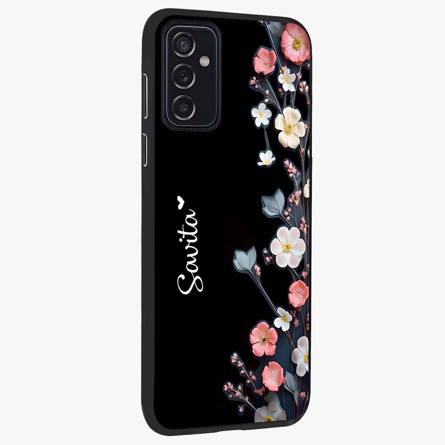 Black Elegance Floral Custom Name Glass Case upright view showcasing luxurious black floral design with personalized name detail.