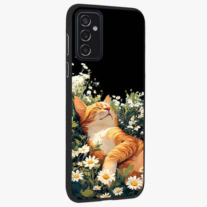 Blissful Bloom Cat Glass Case upright view showcasing charming cat design surrounded by blooming floral elements.