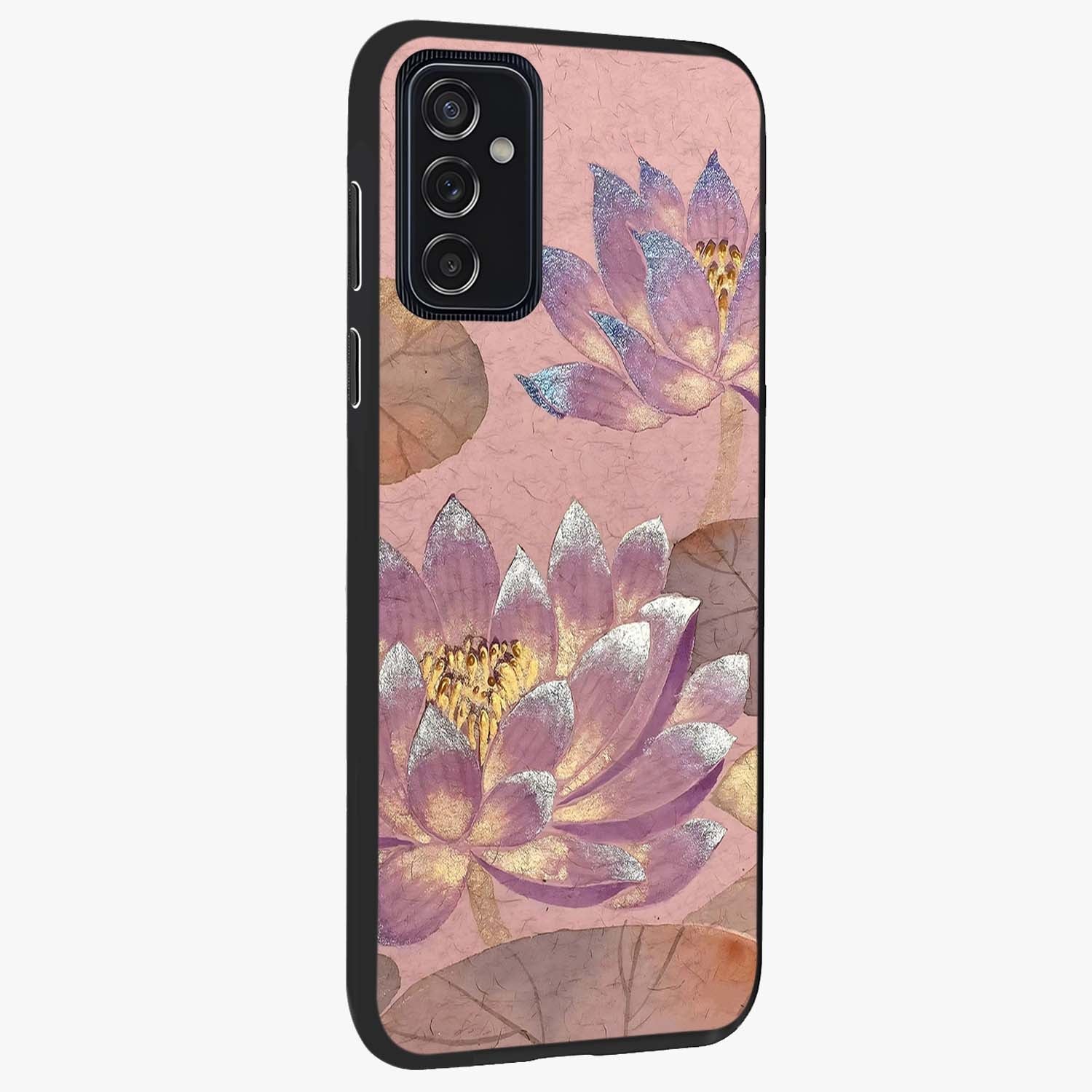 Blossom Mist Lotus Glass Case upright view showcasing graceful lotus flower design with peaceful botanical style.