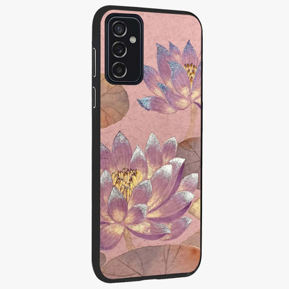 Blossom Mist Lotus Glass Case upright view showcasing graceful lotus flower design with peaceful botanical style.