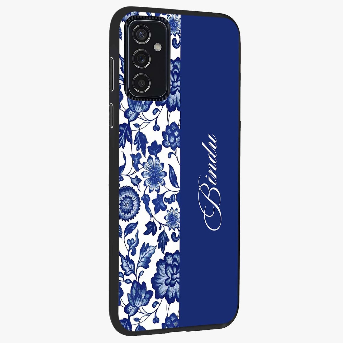 Blue Vintage Floral Pattern Glass Case upright view showcasing delicate blush floral texture with modern minimal style.