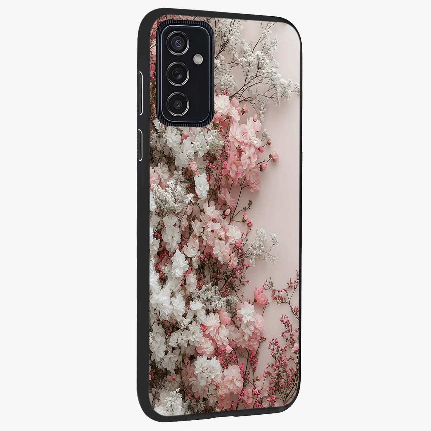 Blush Blossom Cloud Glass Case upright view showcasing calm floral cloud artwork with gentle dreamy theme.