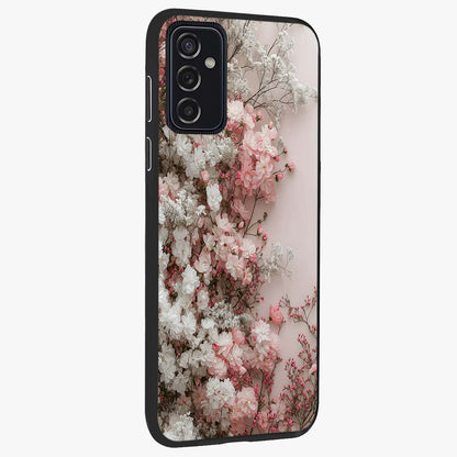 Blush Blossom Cloud Glass Case upright view showcasing calm floral cloud artwork with gentle dreamy theme.