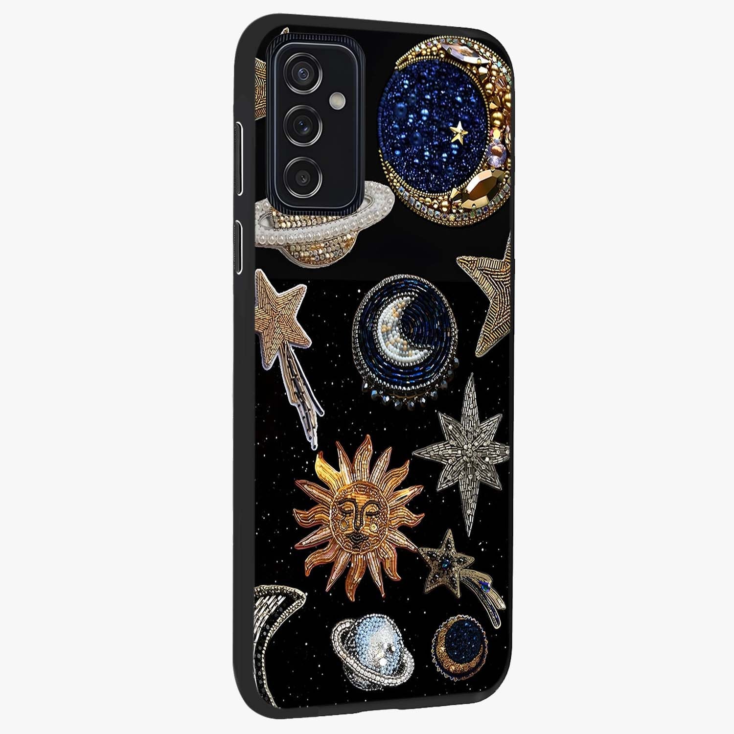 Celestial Gem Constellations Glass Case upright view showcasing cosmic constellation artwork with celestial aesthetic style.