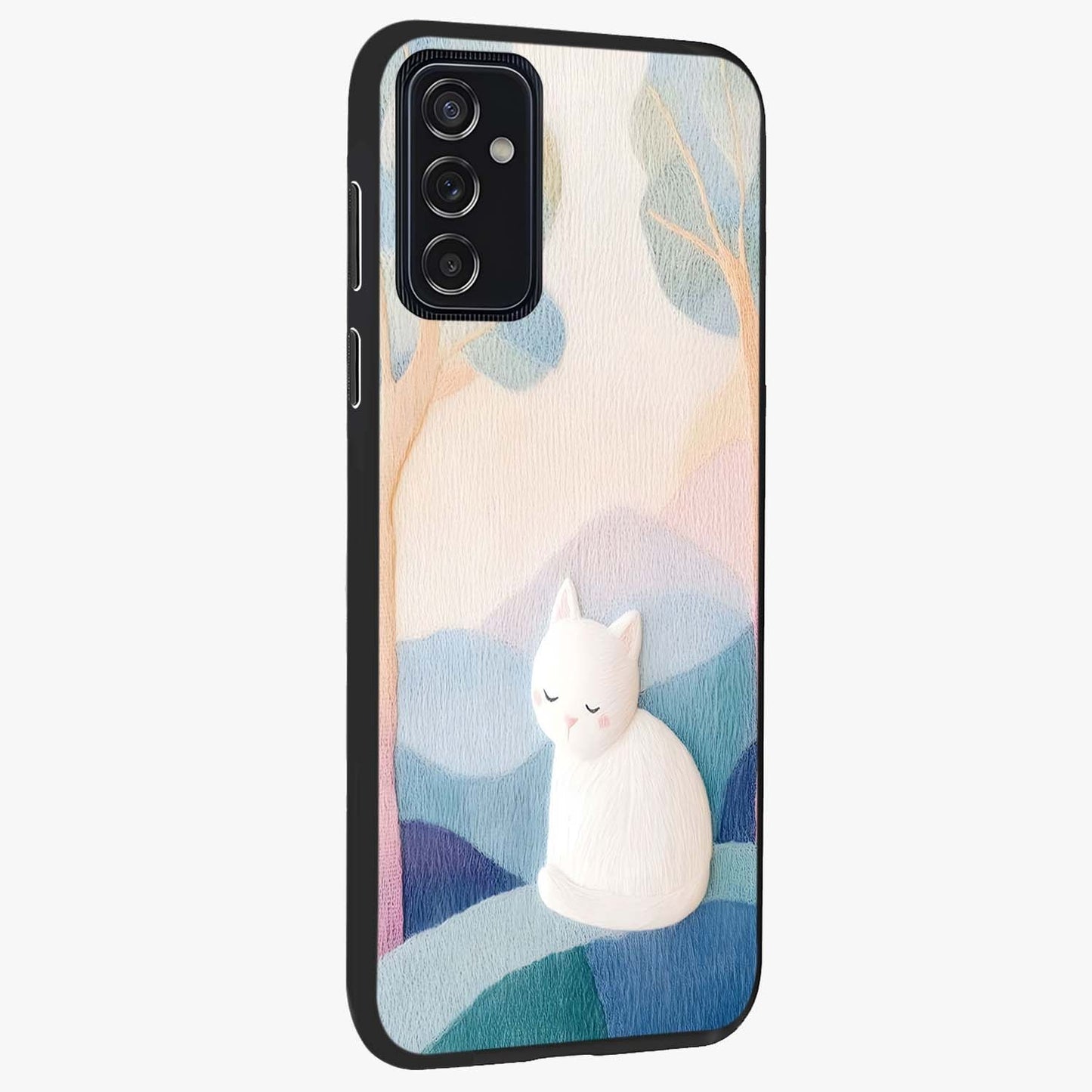 Cotton Dream Cat Glass Case upright view showcasing charming cat artwork with cozy dreamy theme.