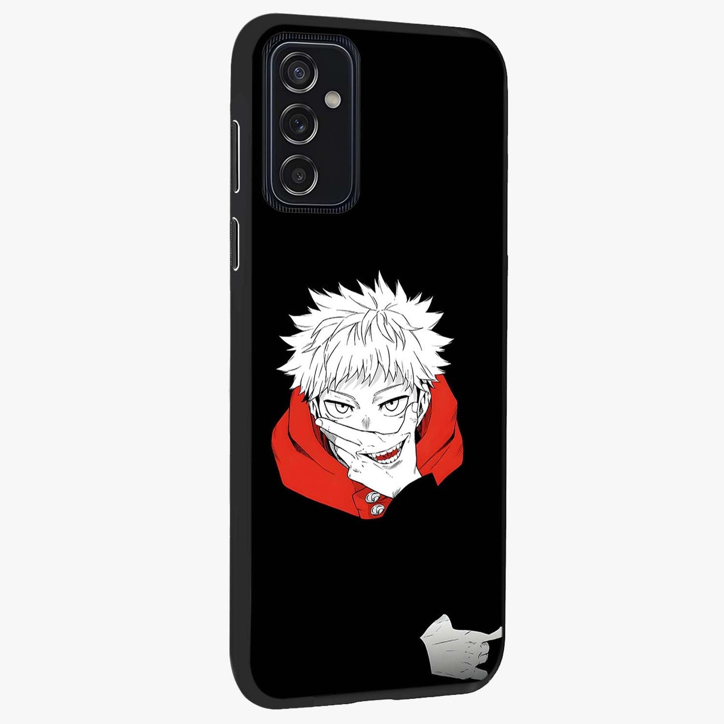 Crimson Chaos Smile Glass Case upright view showcasing expressive chaotic artwork with striking visual theme.
