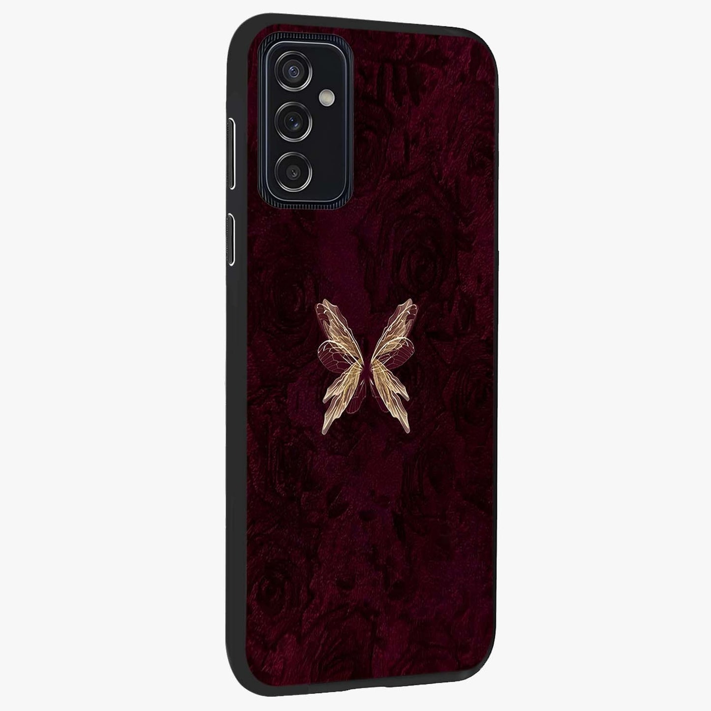 Crimson Fade Butterfly Glass Case upright view showcasing graceful butterfly artwork with soft crimson fade effect.