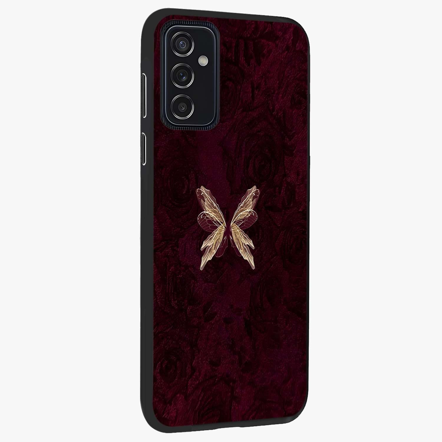 Crimson Fade Butterfly Glass Case upright view showcasing graceful butterfly artwork with soft crimson fade effect.