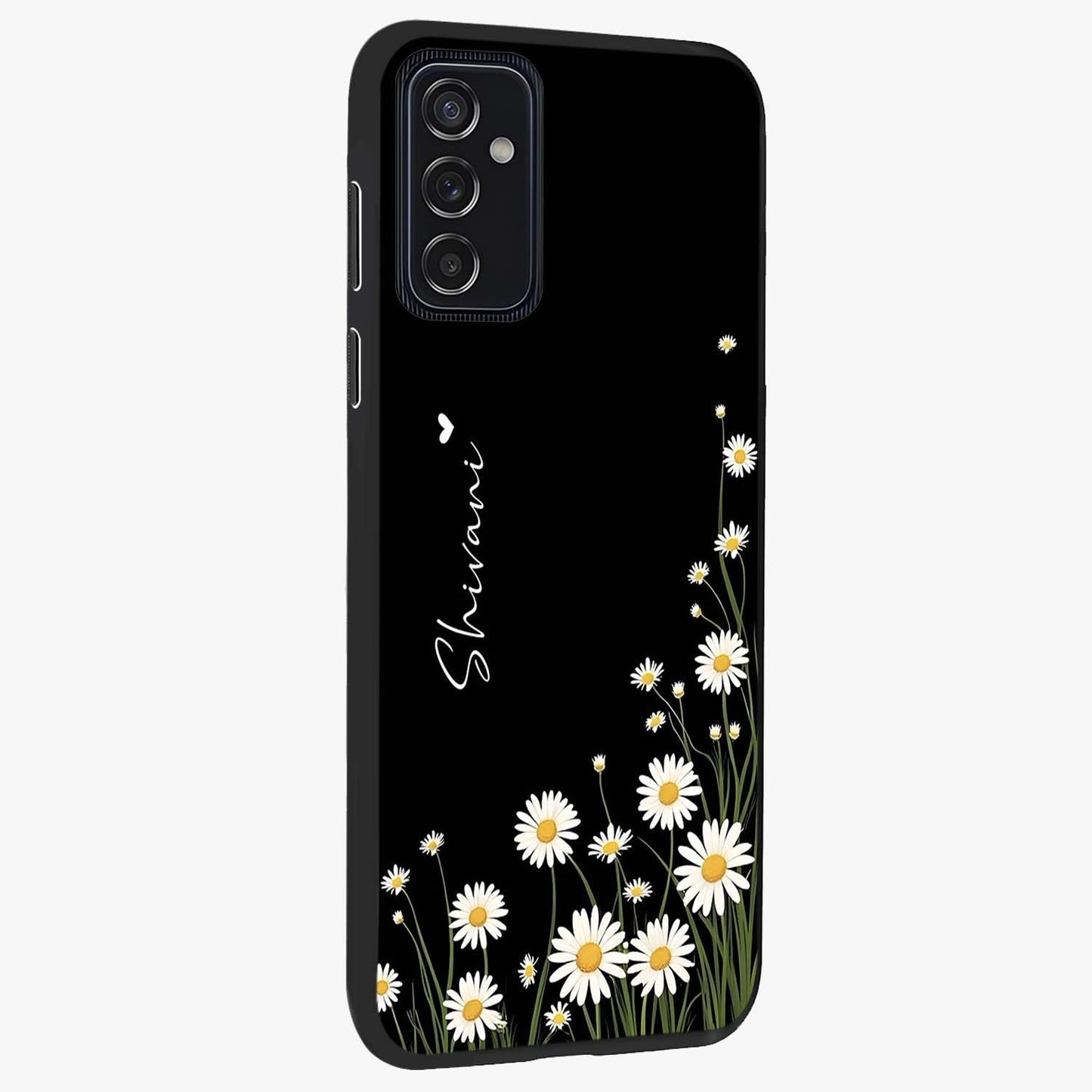 Daisy Cascade Custom Name Glass Case upright view showcasing elegant floral cascade design with personalized aesthetic.