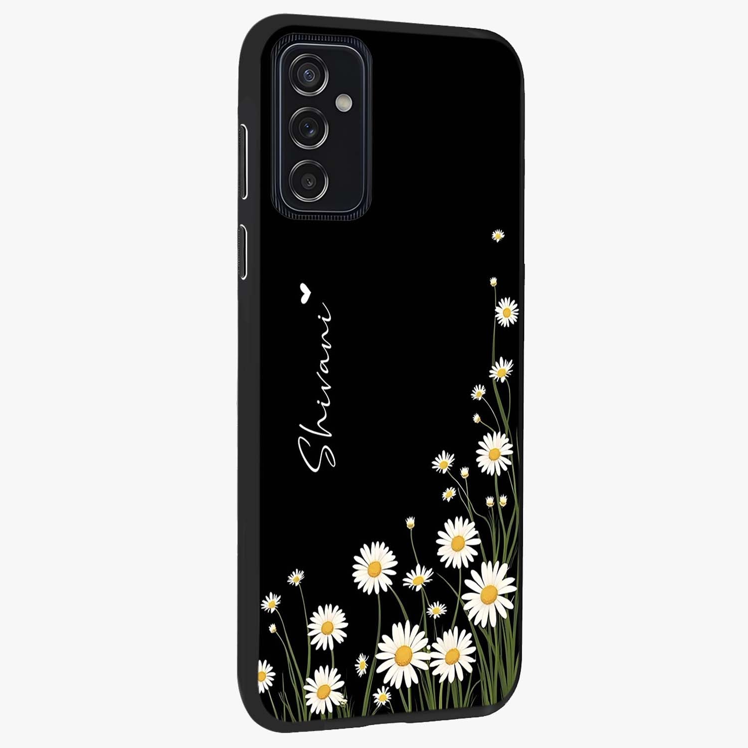 Daisy Cascade Custom Name Glass Case upright view showcasing elegant floral cascade design with personalized aesthetic.