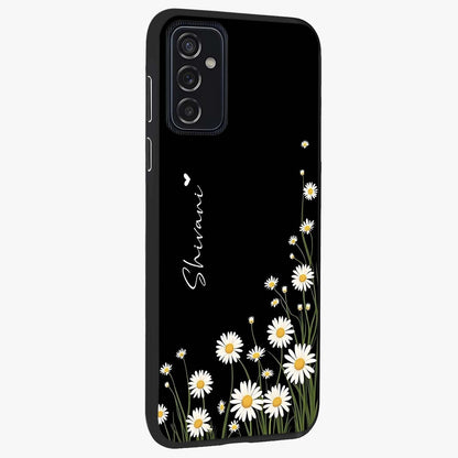 Daisy Cascade Custom Name Glass Case upright view showcasing elegant floral cascade design with personalized aesthetic.