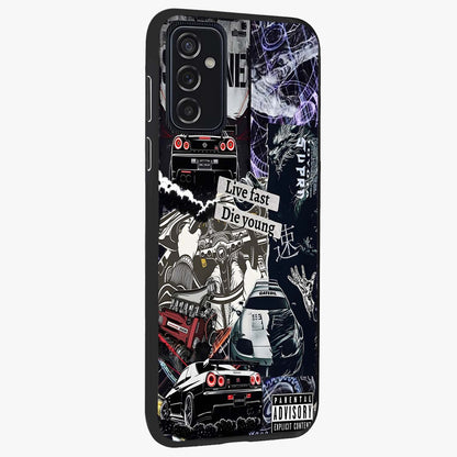Die Young Glass Case upright view showcasing striking typography artwork with modern statement theme.