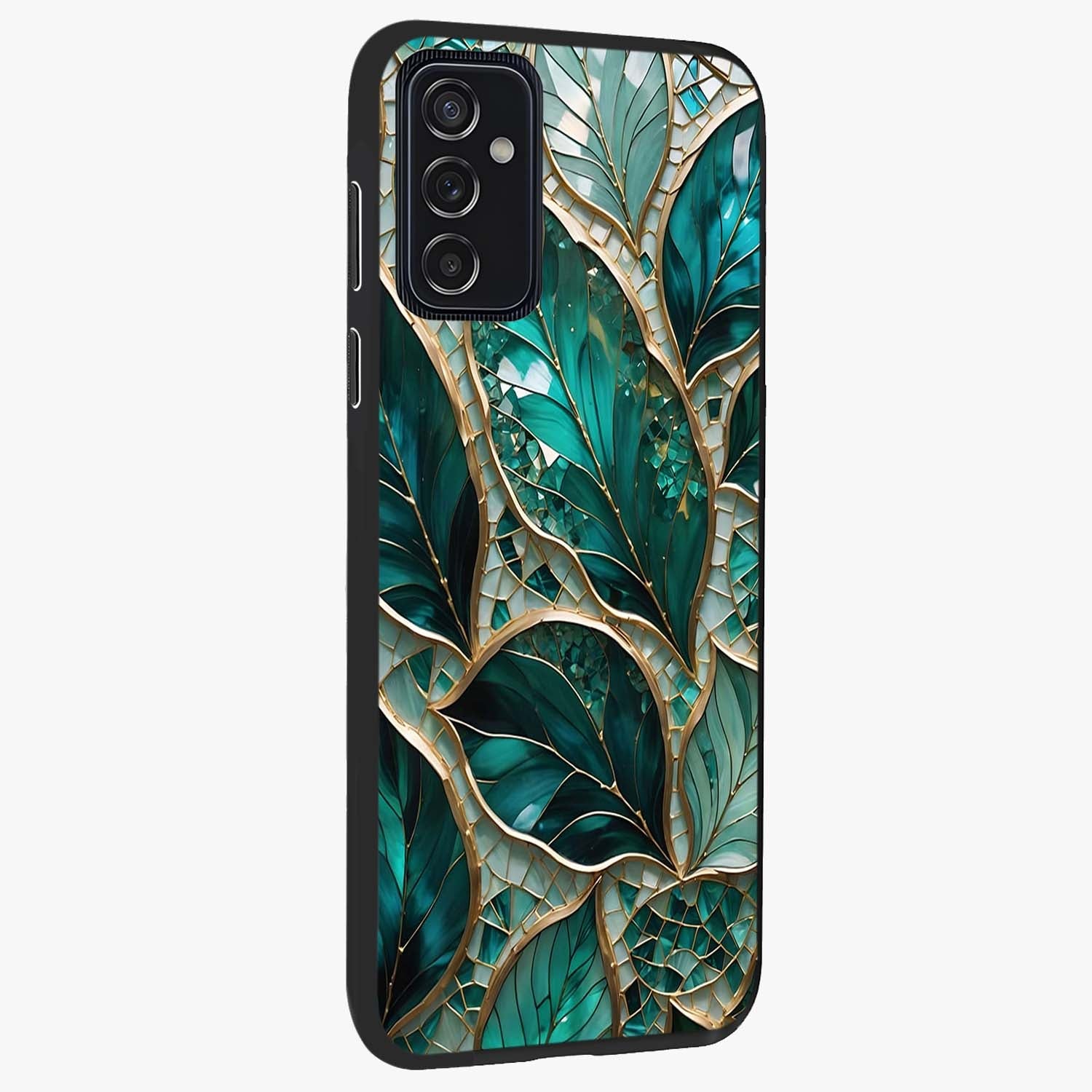 Emerald Leaf Glass Glass Case upright view showcasing fresh green leaf artwork with calming nature inspired style.