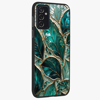 Emerald Leaf Glass Glass Case upright view showcasing fresh green leaf artwork with calming nature inspired style.