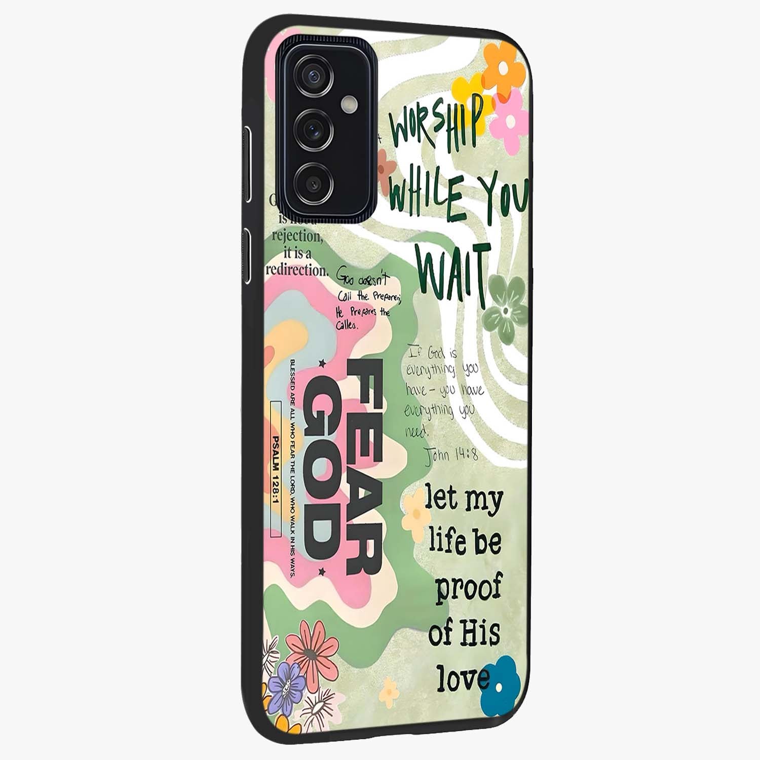 Faith Over Fear Glass Case upright view showcasing bold typography artwork with uplifting motivational theme.