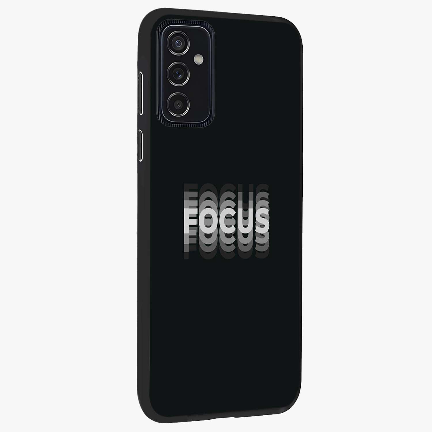 Focus Mode On Glass Case upright view showcasing strong typography statement with sleek motivational theme.