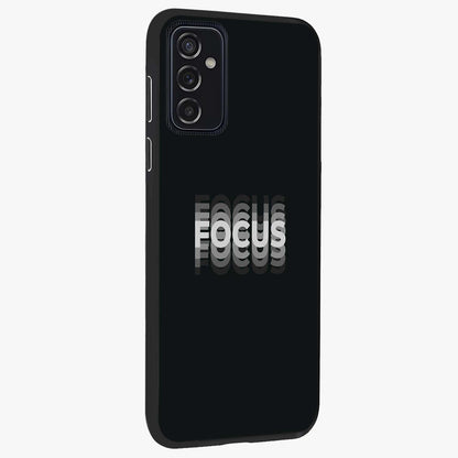 Focus Mode On Glass Case upright view showcasing strong typography statement with sleek motivational theme.