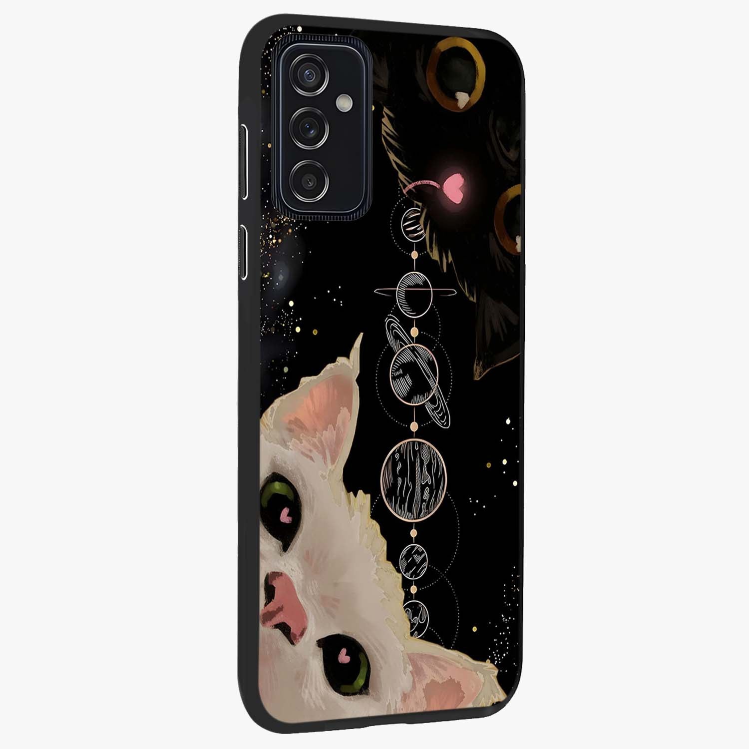Galactic Cat Glass Case upright view showcasing mystical cat artwork with dreamy cosmic theme.