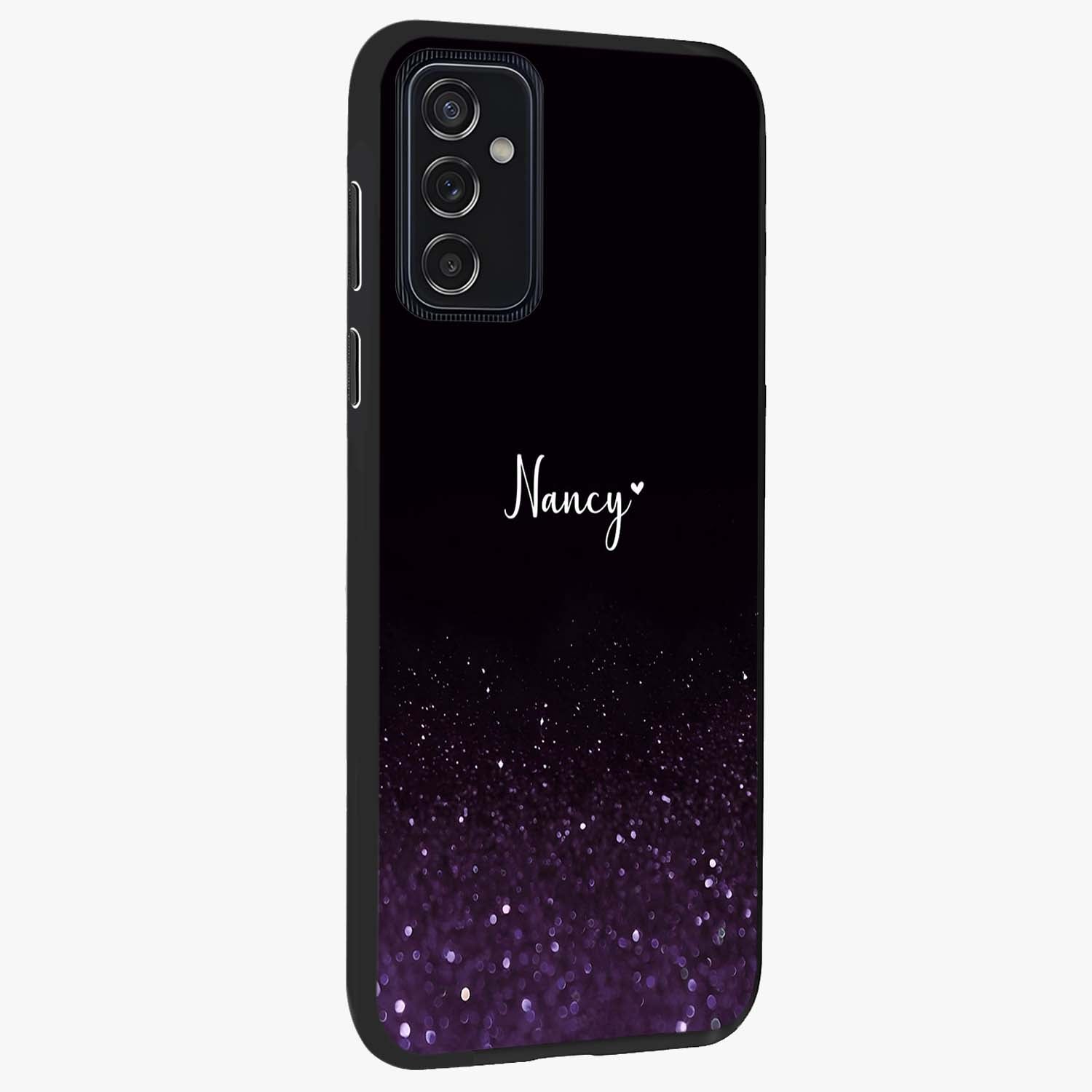 Glittery Purple Bokeh Custom Name Glass Case upright view showcasing vibrant purple sparkle artwork with personalized aesthetic style.