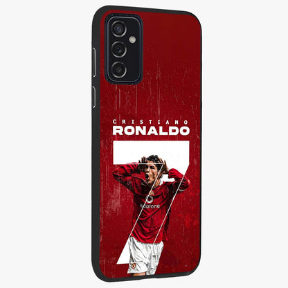 Goal Celebration Legacy Glass Case upright view showcasing dynamic football inspired artwork with victory celebration aesthetic.