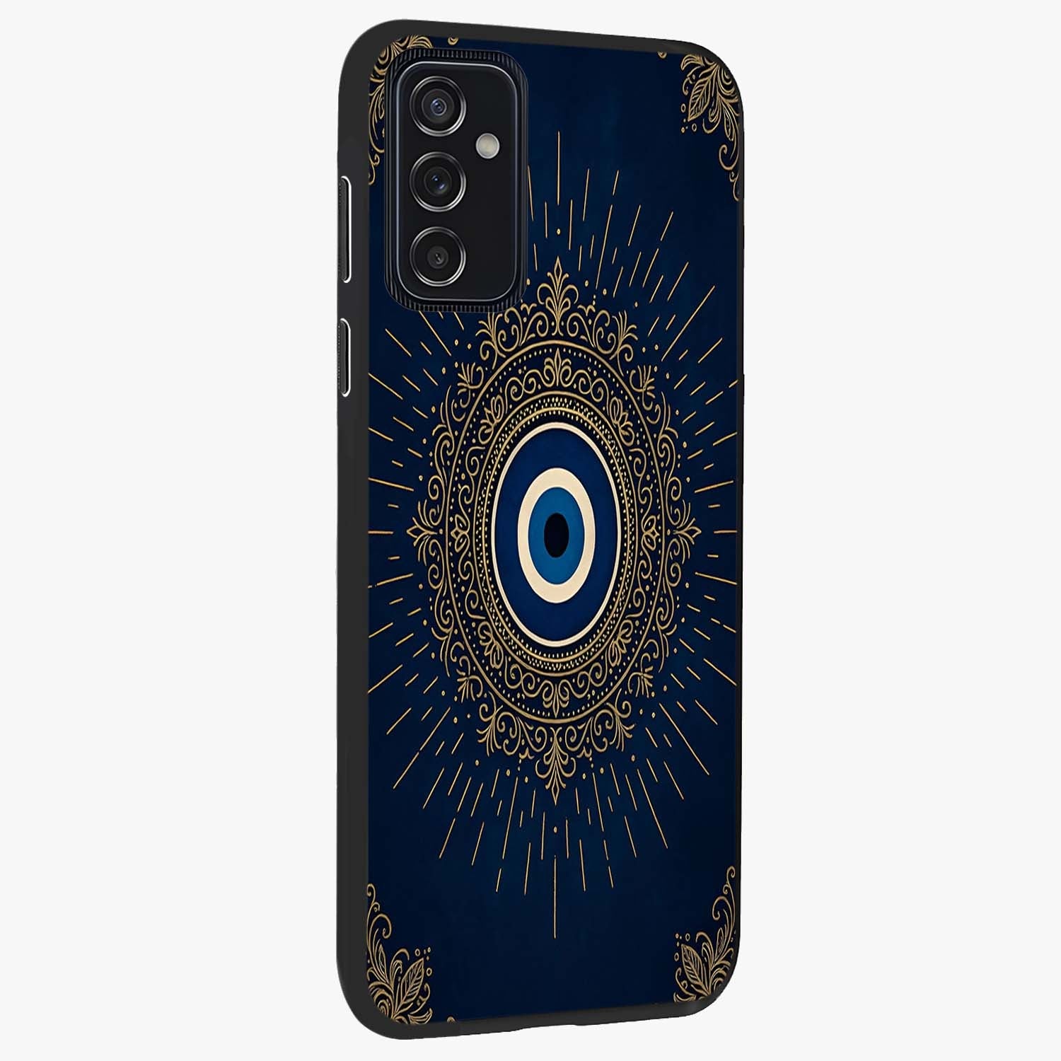 Golden Celestial Charm Glass Case upright view showcasing radiant celestial artwork with elegant golden theme.
