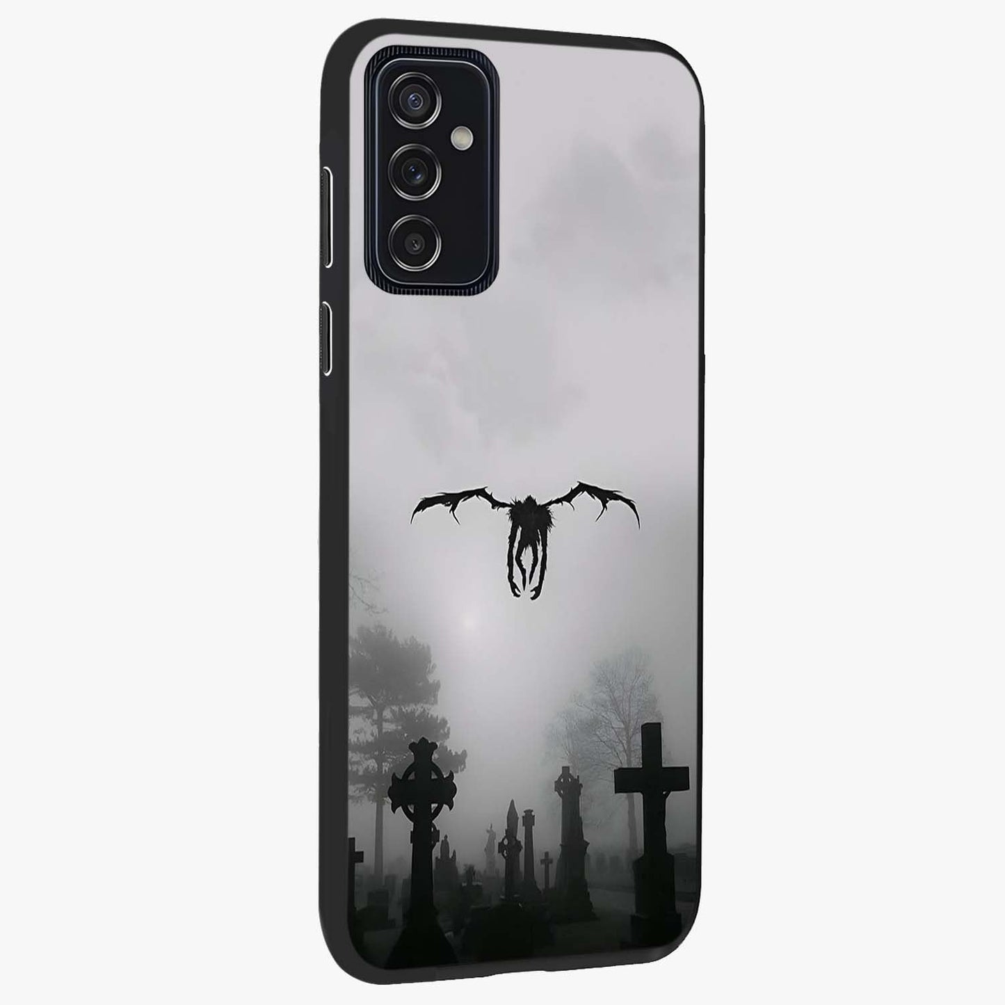Graveyard Shadow Descent Glass Case upright view showcasing haunting graveyard artwork with dramatic dark theme.