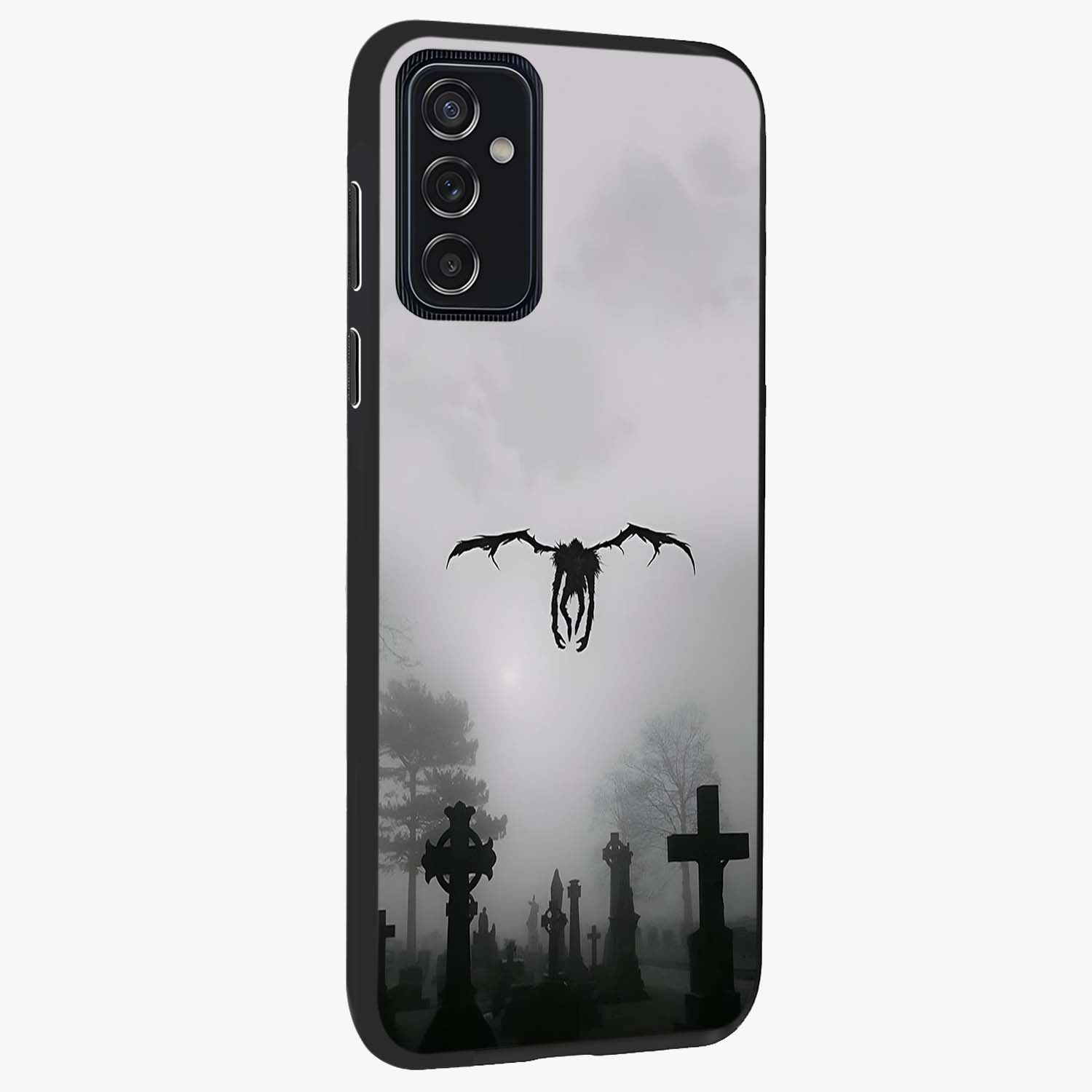Graveyard Shadow Descent Glass Case upright view showcasing haunting graveyard artwork with dramatic dark theme.