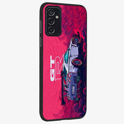 GT-R Car Pattern Glass Case upright view showcasing dynamic car pattern artwork with modern sports theme.