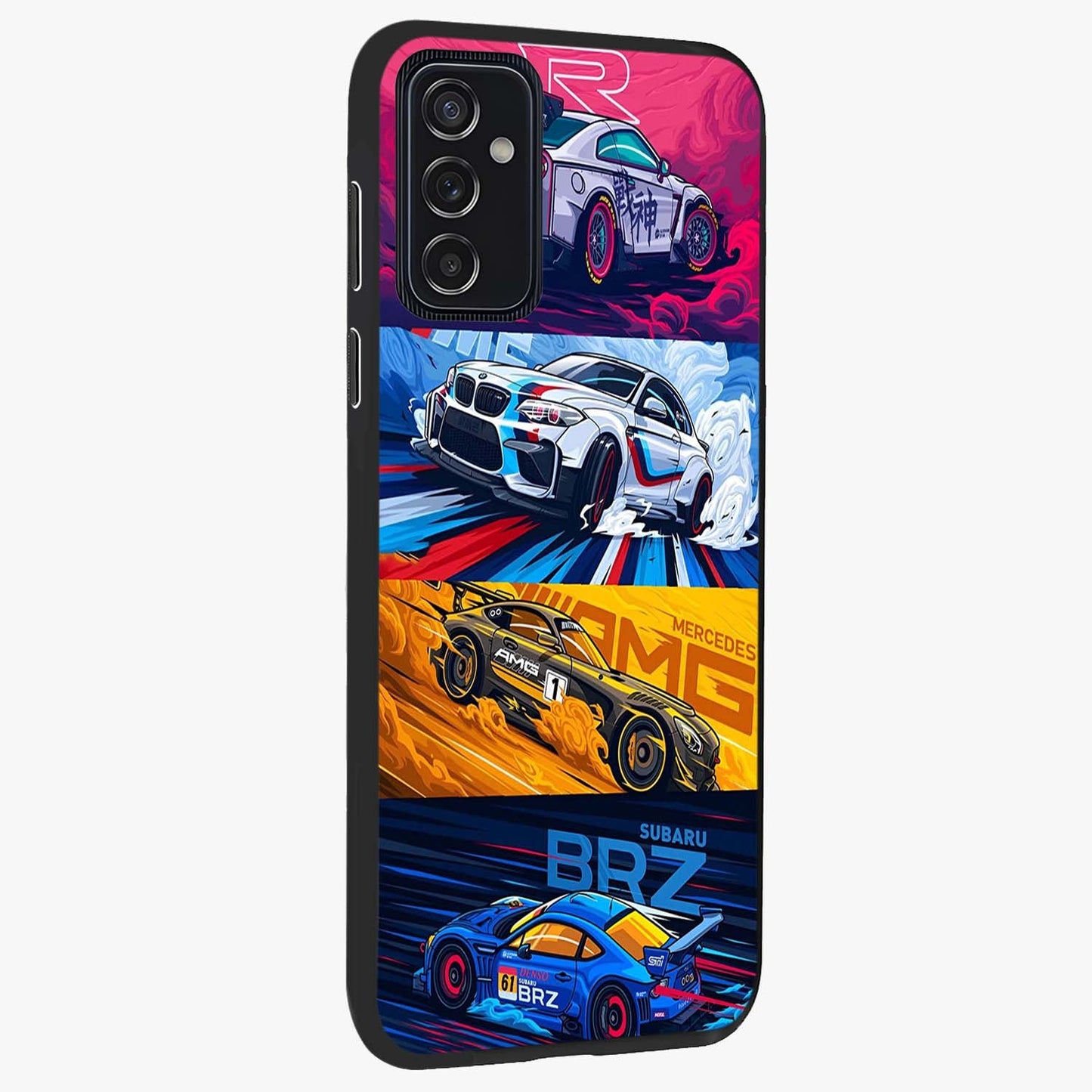 JDM Sports Car Glass Case upright view showcasing dynamic sports car artwork with bold racing theme.