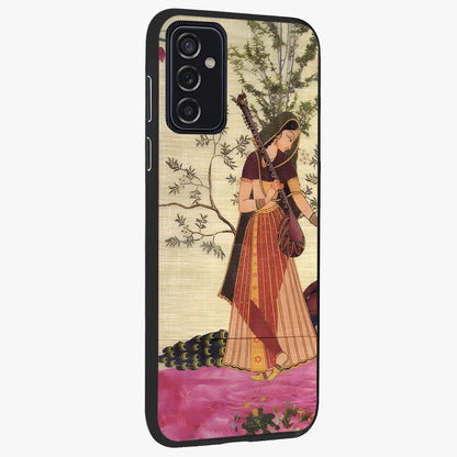 Lady With Veena Art Glass Case upright view showcasing classical veena artwork with traditional artistic theme.
