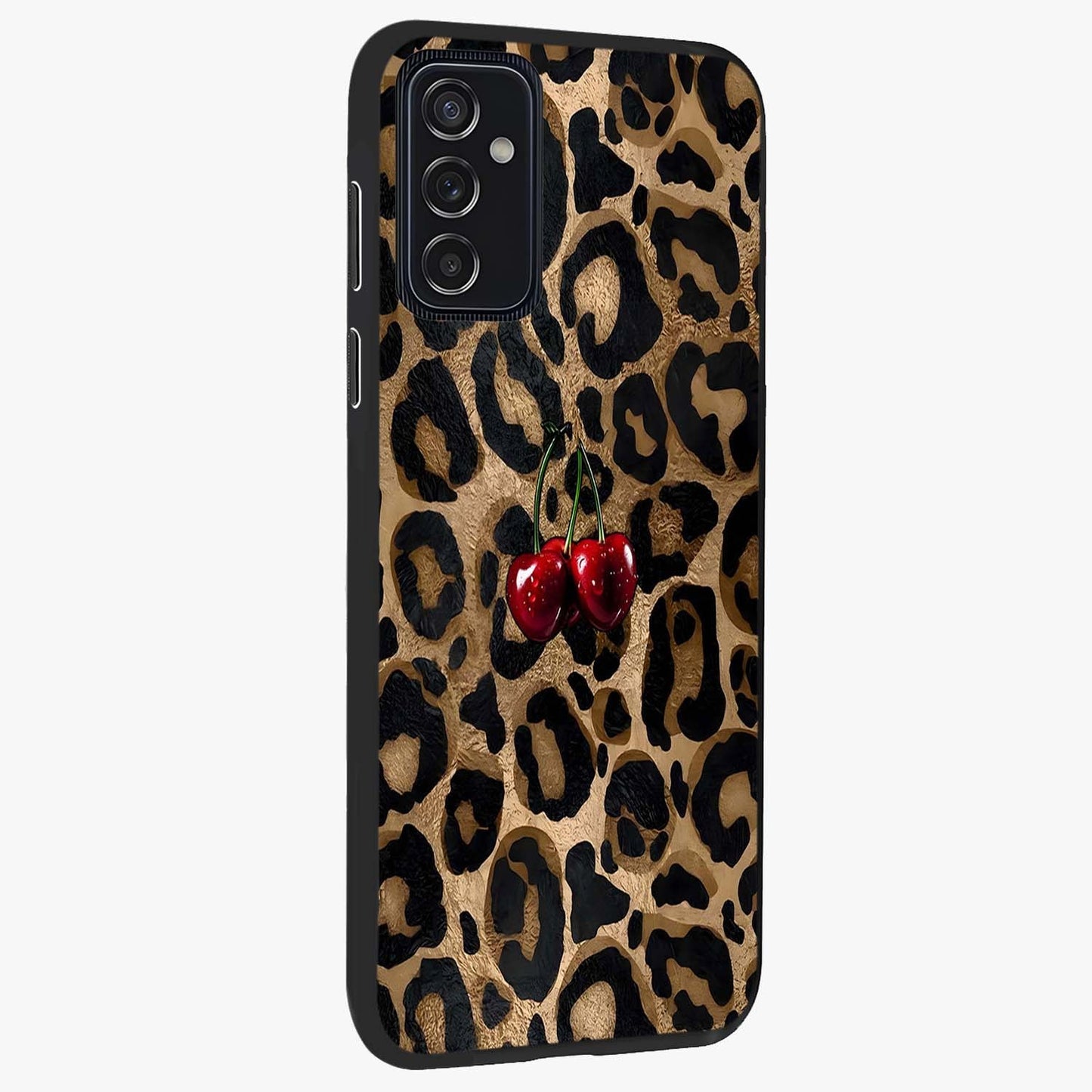 Leopard Wild Cherry Glass Case upright view showcasing stylish leopard pattern artwork with trendy fashion theme.