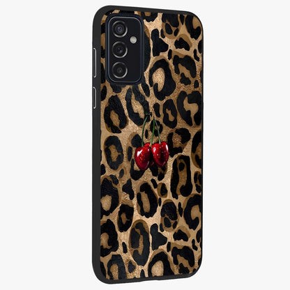 Leopard Wild Cherry Glass Case upright view showcasing stylish leopard pattern artwork with trendy fashion theme.